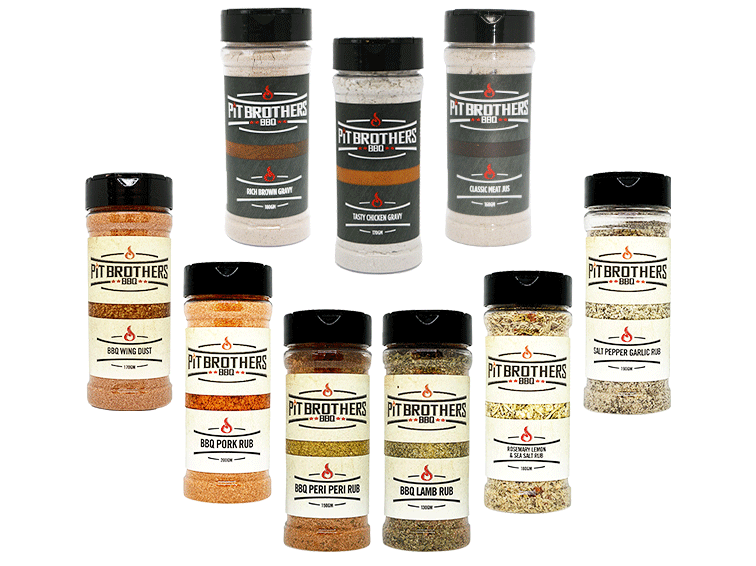 We’ve created a premium range of meat rubs and gravy mix blends to compliment your style of cooking. Pit Brothers BBQ ultimate sampler pack contains 6 full sized BBQ rubs plus our chicken gravy mix, brown gravy mix and meat jus mix.