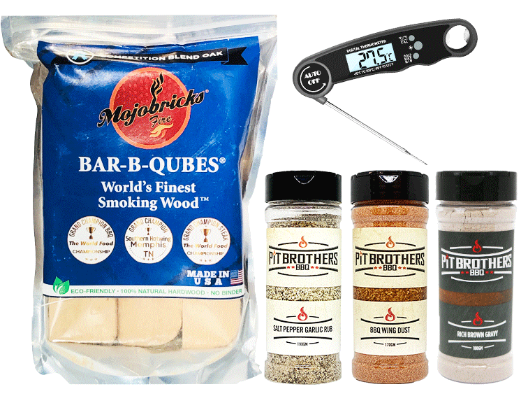 We’ve created a premium range of meat rubs, gravy mix blends, BBQ fuel and other premium BBQ accessories to compliment your style of cooking. The Pit Brothers BBQ Gift pack contains two BBQ rubs (SPG and BBQ Wing Dust), our hugely popular Rich Brown Gravy, Home Chef Digital Thermometer and Competition Blend Bar-B-Qubes Mojo smoker bricks.