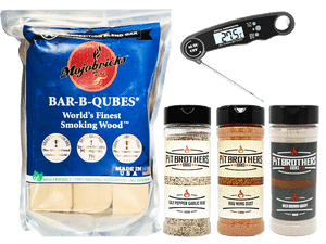 We’ve created a premium range of meat rubs, gravy mix blends, BBQ fuel and other premium BBQ accessories to compliment your style of cooking. The Pit Brothers BBQ Gift pack contains two BBQ rubs (SPG and BBQ Wing Dust), our hugely popular Rich Brown Gravy, Home Chef Digital Thermometer and Competition Blend Bar-B-Qubes Mojo smoker bricks.